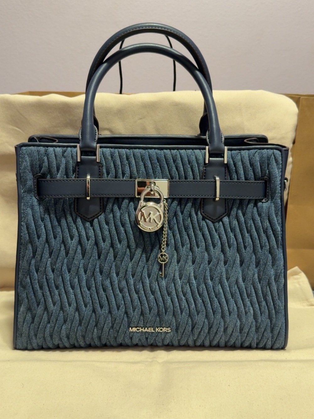 Michael Kors Navy Denim Satchel with Lock and Key Charms